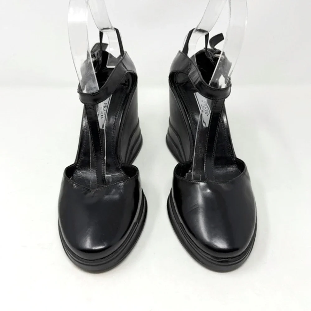 Prada Black Wedge Sandals‎ T Strap Leather Heels 37.5